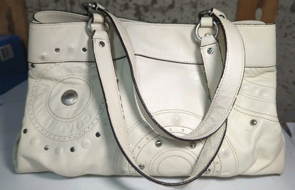 COACH White Leather Handbag Silver Rivets Studs Embossed Medallion Circle Tote